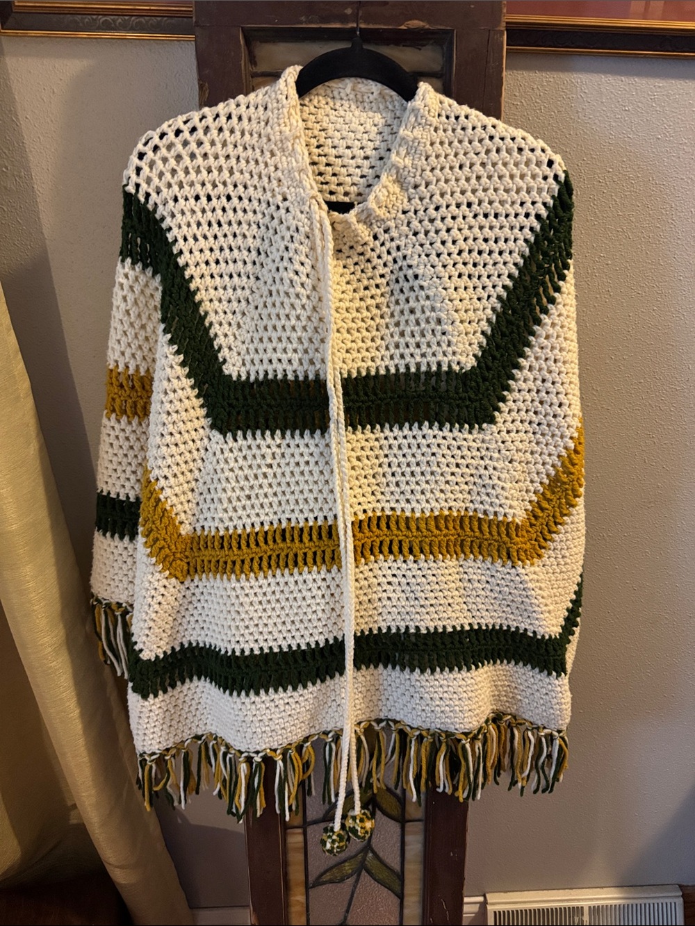 Vintage Crocheted Cream Sweater Poncho with Green and Mustard Stripes